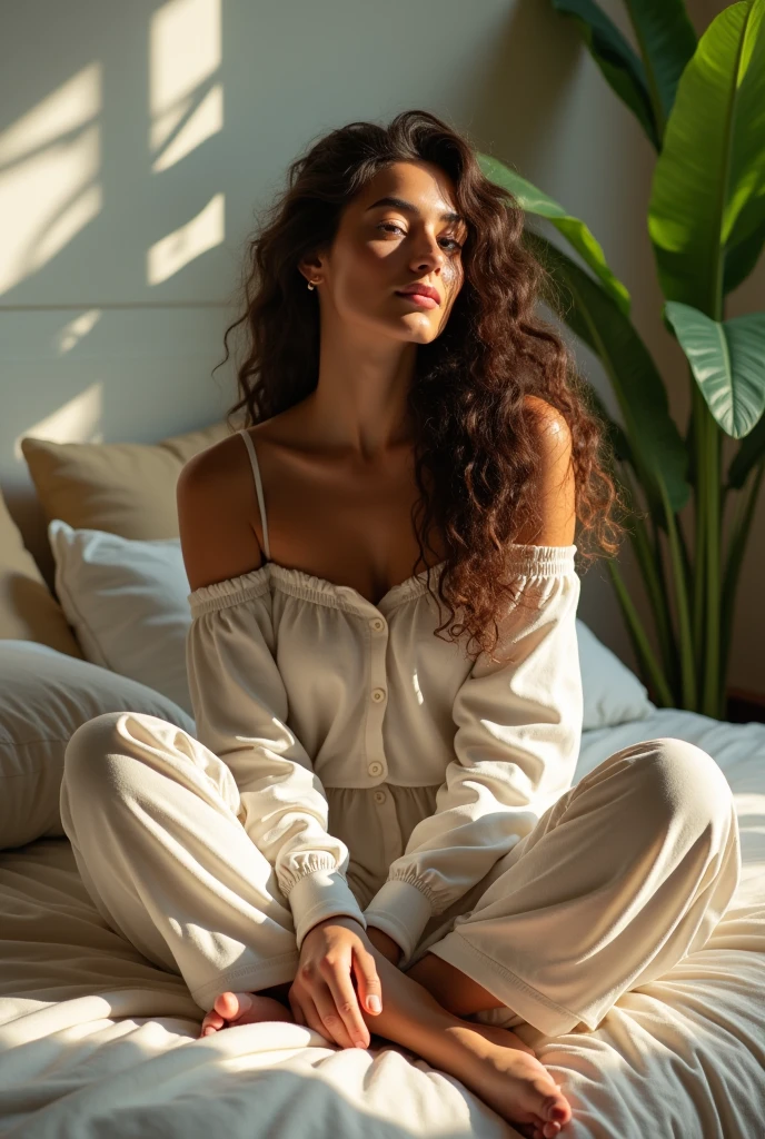 (photorealism:1.2), beautiful woman, sitting on bed, wearing loose off-shoulder top, pajama pants, long curly hair, indoors, soft lighting, plants in background, window with sunlight, cozy room, relaxed pose, realistic, intricate details, warm colors, by Greg Rutkowski, by Alphonse Mucha