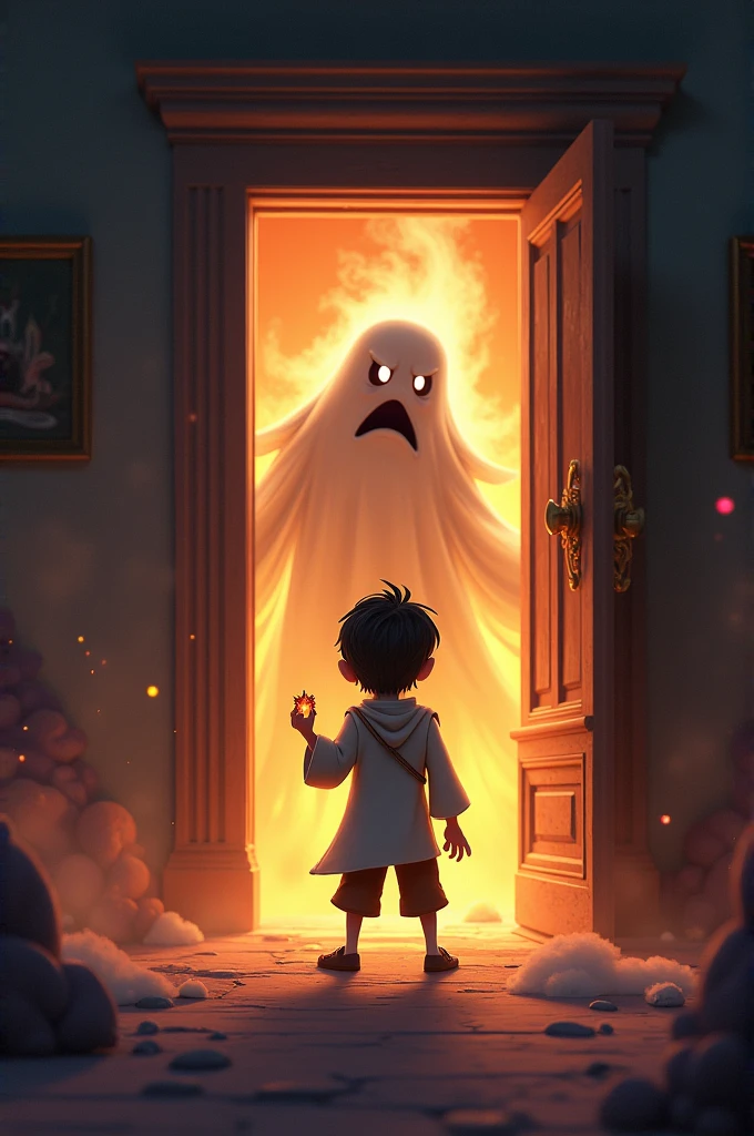 Need 3D animation style "Anil's Bravery**: An image showing Anil bravely holding a small amulet and throwing it at the ghost. The ghost is depicted in the process of disappearing, with a look of anger and pain. The mansion door is seen swinging open, and light starts to pour in.