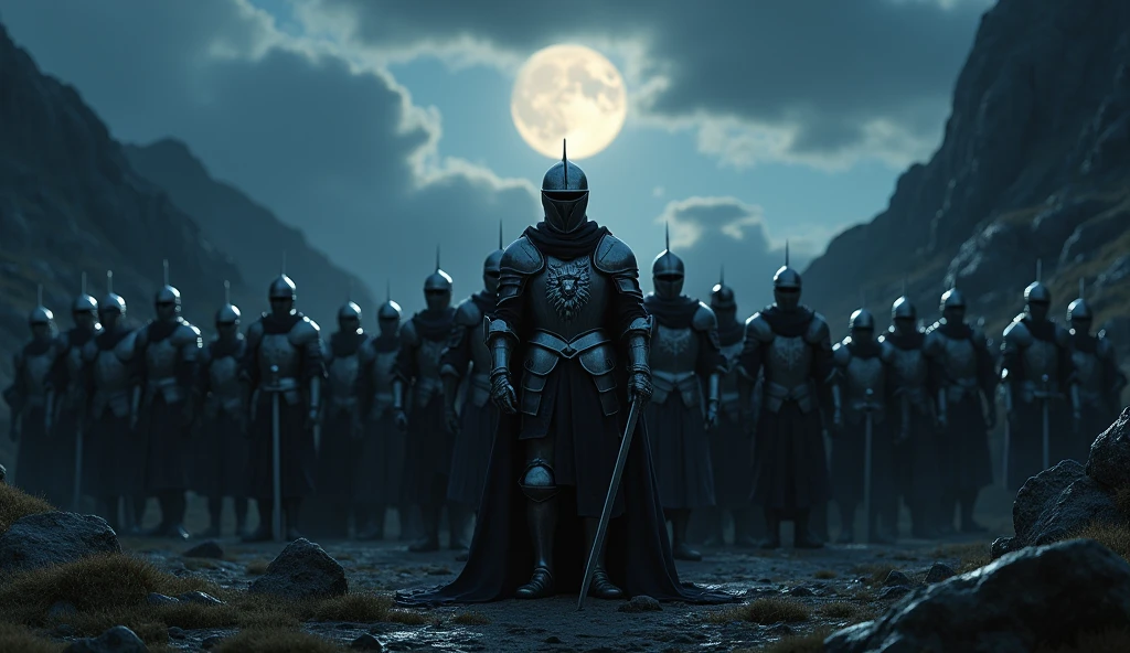 A highly realistic, high-contrast, 8K HD, detailed, hyper-detailed image of a group of knights, led by a lone knight in steel armor with a lion emblem on his chest, all facing the same direction under the cover of night. The knights stand united, their swords at the ready, as they prepare to face the challenges ahead. The dramatic landscape around them is illuminated only by the faint light of the moon and stars, with rugged terrain and ominous skies heightening the intensity of the scene. The atmosphere is tense yet filled with camaraderie and resolve, capturing the unity and unyielding spirit of the knights as they stand together in the darkness. The image is of the highest quality, with ultra-high resolution, RAW photo quality, and Unreal Engine rendering, showcasing the solidarity and strength of the knights as they face the night as one.