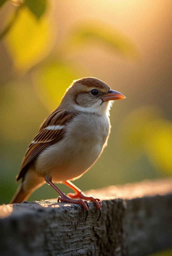 A close-up of a sparrow sitting on a rustic wooden fence, with morning sunlight casting a warm glow on its feathers.