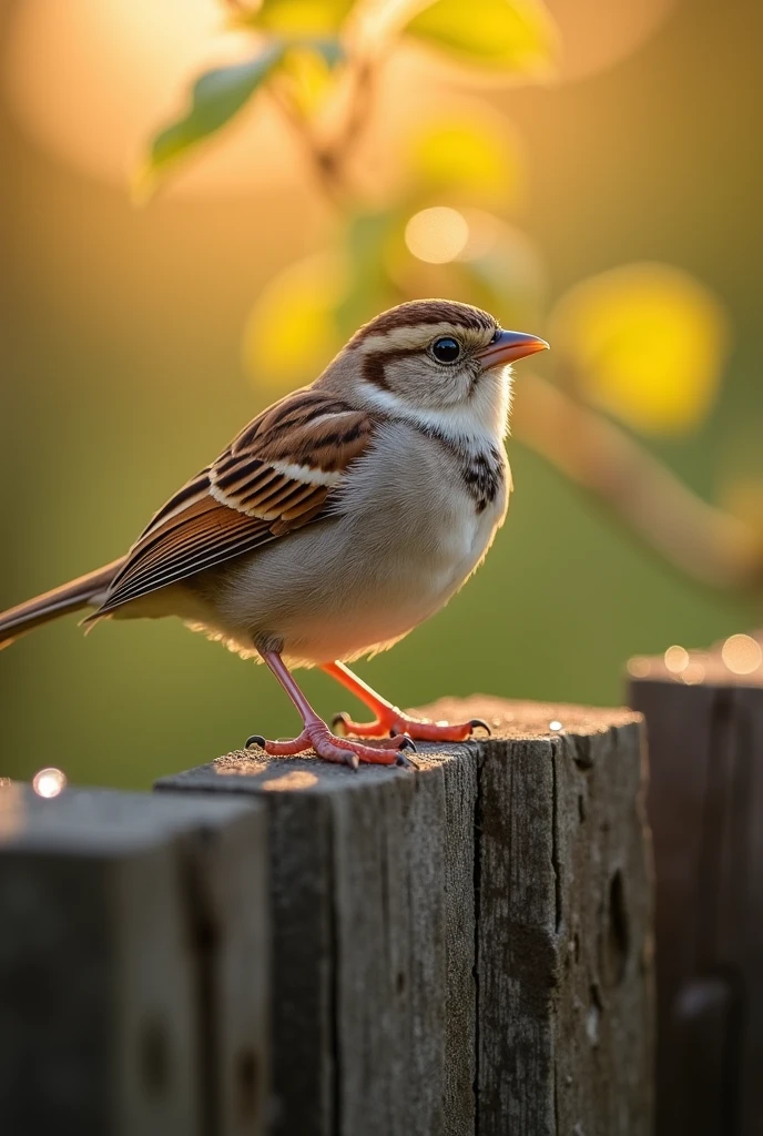 A close-up of a sparrow sitting on a rustic wooden fence, with morning sunlight casting a warm glow on its feathers.