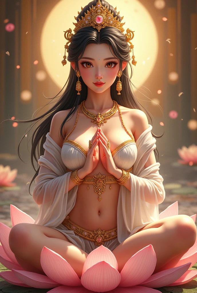 (goddess masterpiece, ultra photorealistic)) meditating with ecstatic express in lotus position cloaked in psychedelic aura), incorporate symbolic elements representing the 7 chakras, lotus flower with 108 petals, full view, real 5 fingers and 5 toes.