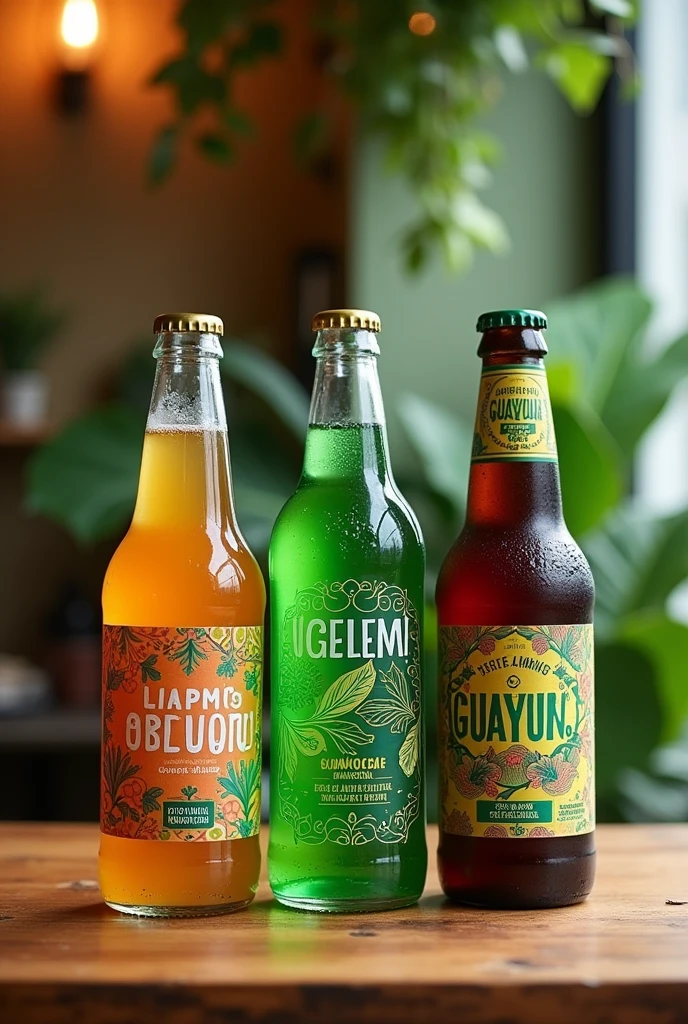 Drawing of kombucha, guayusa and coffee beverage bottles