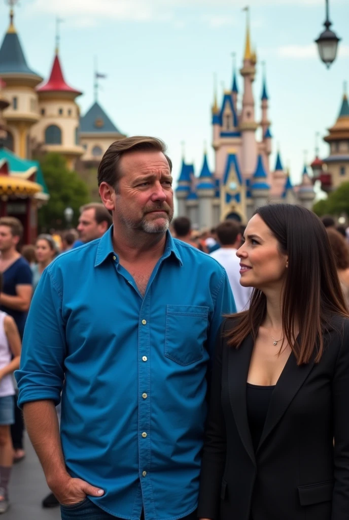 A man named Steve with blue shirt  makes a sad face and  girl named Emily wearing black clothes  makes an angry face
At Disneyland usa 