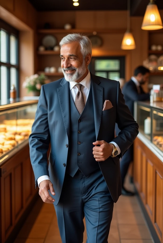 A very rich businessman of India who is going to a bakery wearing a 3 piece suit 50 year old
