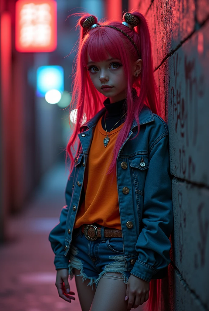 (masterpiece, best quality, 1 girl, alone, intricate details, Chromatic Aberration), actual, ((Moderate breathing)),long hair, Red hair, red decoration on head, pink highlights, Amber eyes, earrings, Sharp eyes, necklace, neon shirt, ripped shorts, unbuttoned jacket, turtleneck sweater, night, Leaning against the wall, Brick wall, doodle, dim lights, alley, look at the audience, , Japanese women, 5-inch ankle strap silver pointed toe stiletto heels, whole body