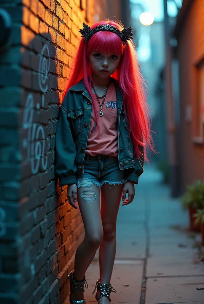 (masterpiece, best quality, 1 girl, alone, intricate details, Chromatic Aberration), actual, ((Moderate breathing)),long hair, Red hair, red decoration on head, pink highlights, Amber eyes, earrings, Sharp eyes, necklace, neon shirt, ripped shorts, unbuttoned jacket, turtleneck sweater, night, Leaning against the wall, Brick wall, doodle, dim lights, alley, look at the audience, baby face, Japanese women, 5-inch ankle strap silver pointed toe stiletto heels, whole body