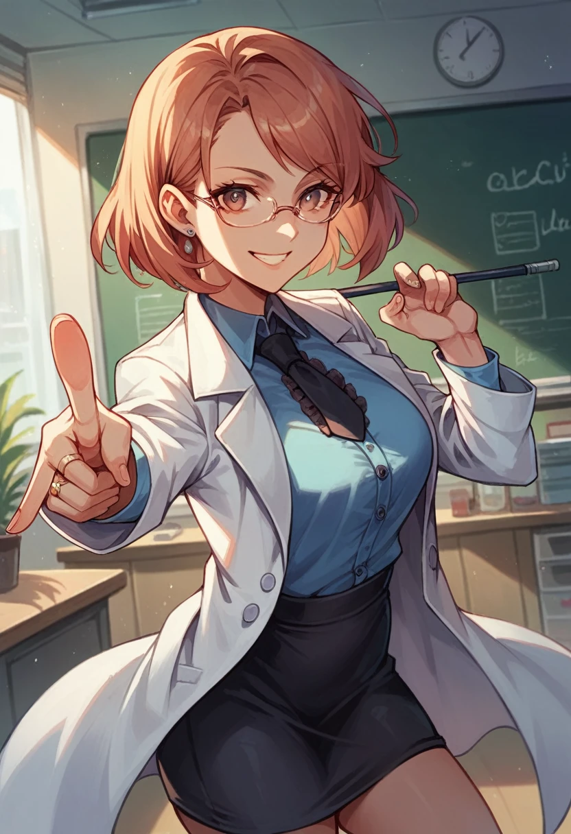 solo, 1girl, ksaqua, smile, looking at viewer, holding pointing stick , jewelry,labcoat, black skirt, black tie neck blouse, frills, indoors, lab room blackboard,dynamic pose, standing,smile,glasses,ring hair