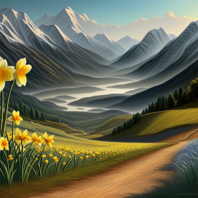 closeup painting of a 3-4 four blue, white and yellow coloured daffodils surrounded by green grass and the background as huge mountains, illustration matte painting, inspired by Thomas Kinkade, symmetric matte painting, detailed scenery , style raw, 8 k ultra detailed, environment design illustration, scenery art detailed, Seaside view, concept-art, 4k highly detailed digital art, 4 k digital painting, 4k digital painting, stunning digital illustration, Mountains background, digital painting concept art, Detailed digital painting