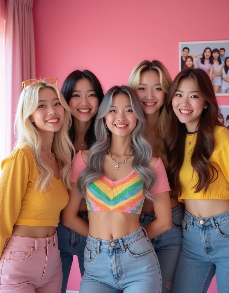 me faça um grupo de kpop com cinco garotas realisitic, korean, a blonde and another with gray hair and the others with brown hair with 2000s style clothes, in a pink room all smiling, realisitic