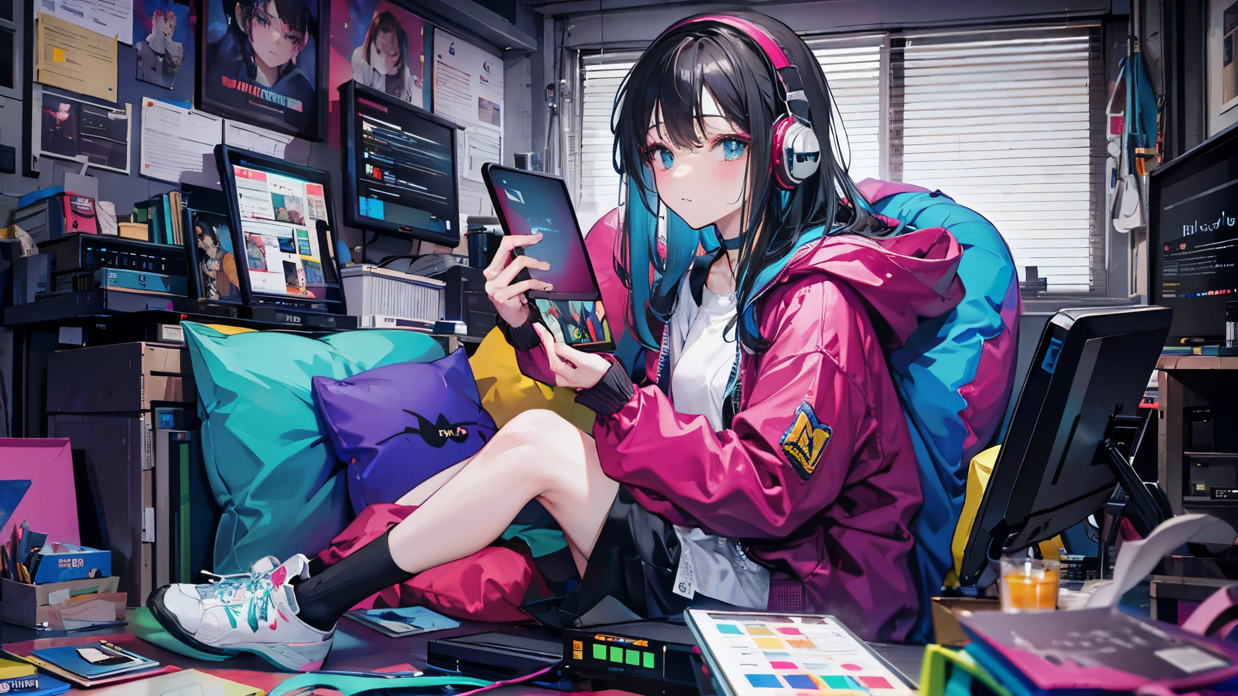 ((masterpiece)), ((Highest quality)), ((High resolution)), One person, alone, Incredibly absurd, hoodie, Headphones, Neon lighting, Side view, (whole body), Matching socks, Matching sneakers, Black Hair, Working on your laptop, Sitting, Bead cushion seat, Messy room, Video game console, music, Long Hair, White skin, Inside the house, Desperate Face, cute, High quality, Blushed, 18-year-old, Rhythm games, colorful