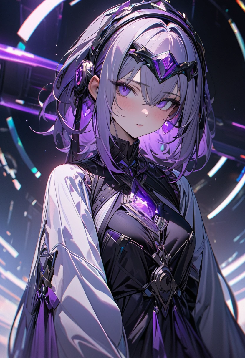 （tmasterpiece，Sideslit，Beautiful eyes：1.2），（tmasterpiece*sportrait），sportrait，bustusts），Lifelike，Anatomically correct，3D脸，luscious skin，（Solo），Silver hair and pickaxe dyeing，Gradient hair，（closeup of face），Lovely face，（purple amethyst-like eyes），Hanging eye corners，（（highdetailskin，Visible pores）），（Perfect body），Beautiful cyberpunk girl，little breast，（（）），（（Storm jacket）），（ear studs），（Neck strap），very short gloves，（chain），A knife hanging from his chest，（Laser material clothing：1.2）