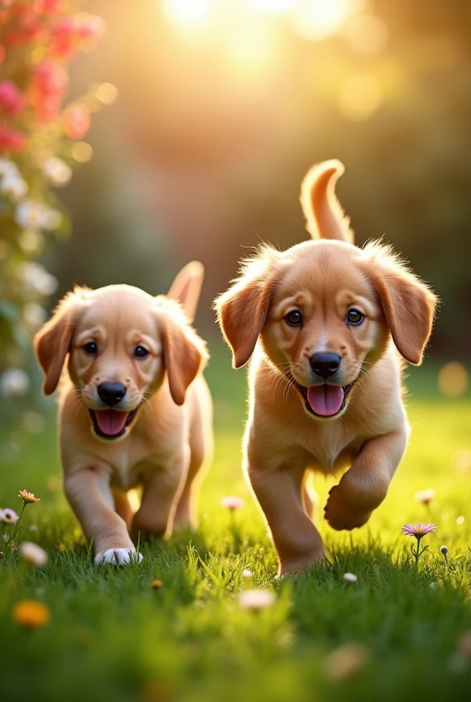 Two puppies got up early in the morning