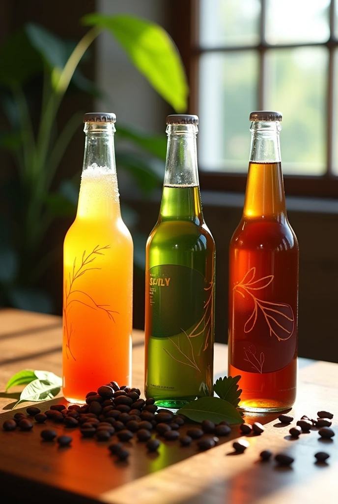 Drawing of kombucha, guayusa and coffee beverage bottles