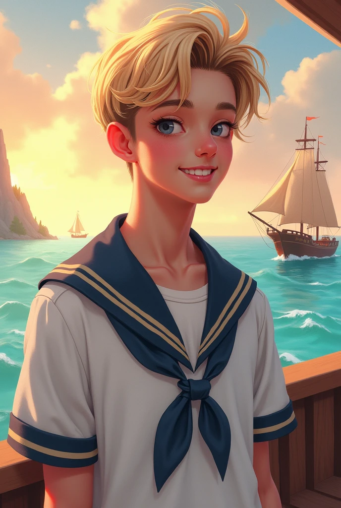 a digital painting of a young man with fair skin, pink lips, blonde hair and wearing a sailor suit 