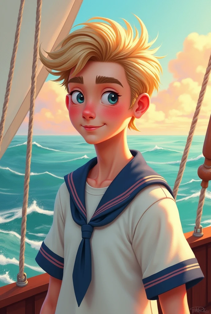 a digital painting of a young man with fair skin, pink lips, blonde hair and wearing a sailor suit