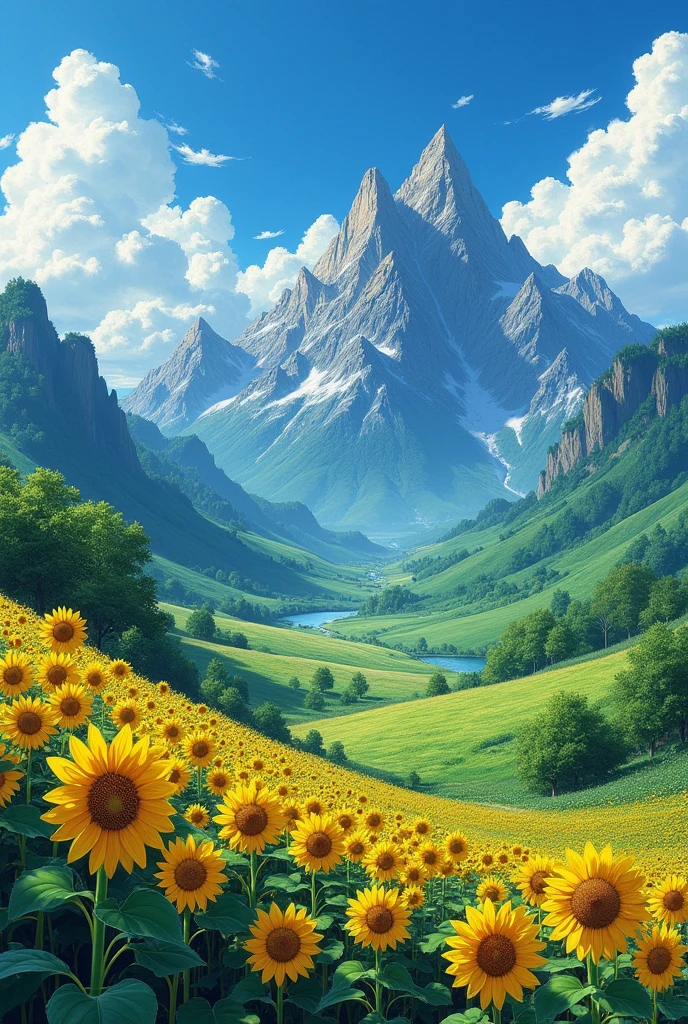 Realistic and exquisitely detailed oil painting in the style of Studio Ghibli and Hayao Miyazaki's magnificent world. Sunflowers in full bloom dot the landscape, their vibrant yellow petals contrasting with the rich greens of the mountains and the serene blue river below. Rolling hills and tall, jagged mountains touch the sky, where fluffy white clouds lazily roam. The warm sunlight filters through the foliage, Casting dappled shadows on the ground, giving life to the scene with a breathtaking sense of depth and realism.