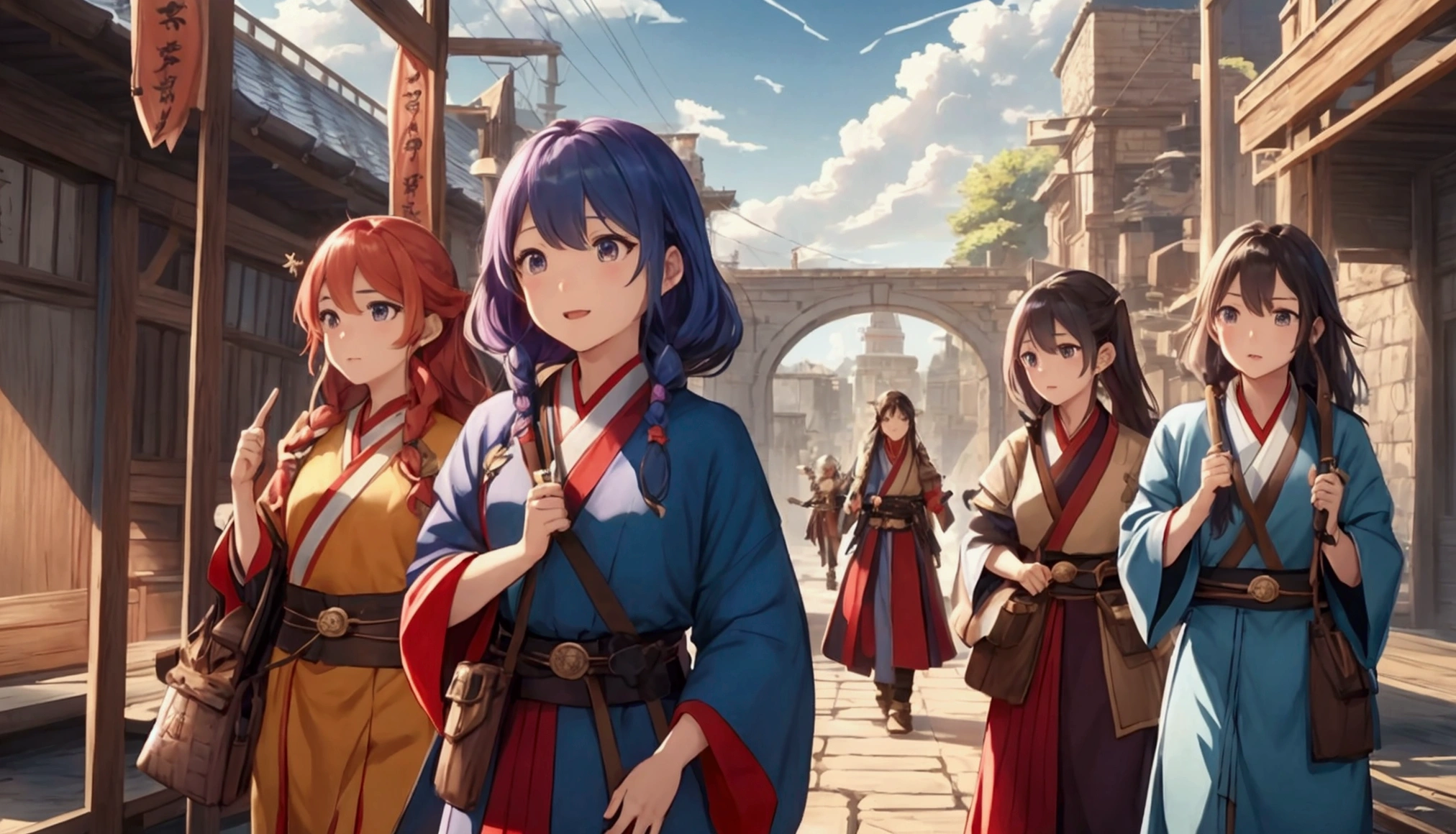 Brave一行、Departure from the capital、Brave、Female Wizard、Warrior、Monk、Group of 4、Departure Day、bright、Hopeful skies、Otherworldly fantasy、Western style