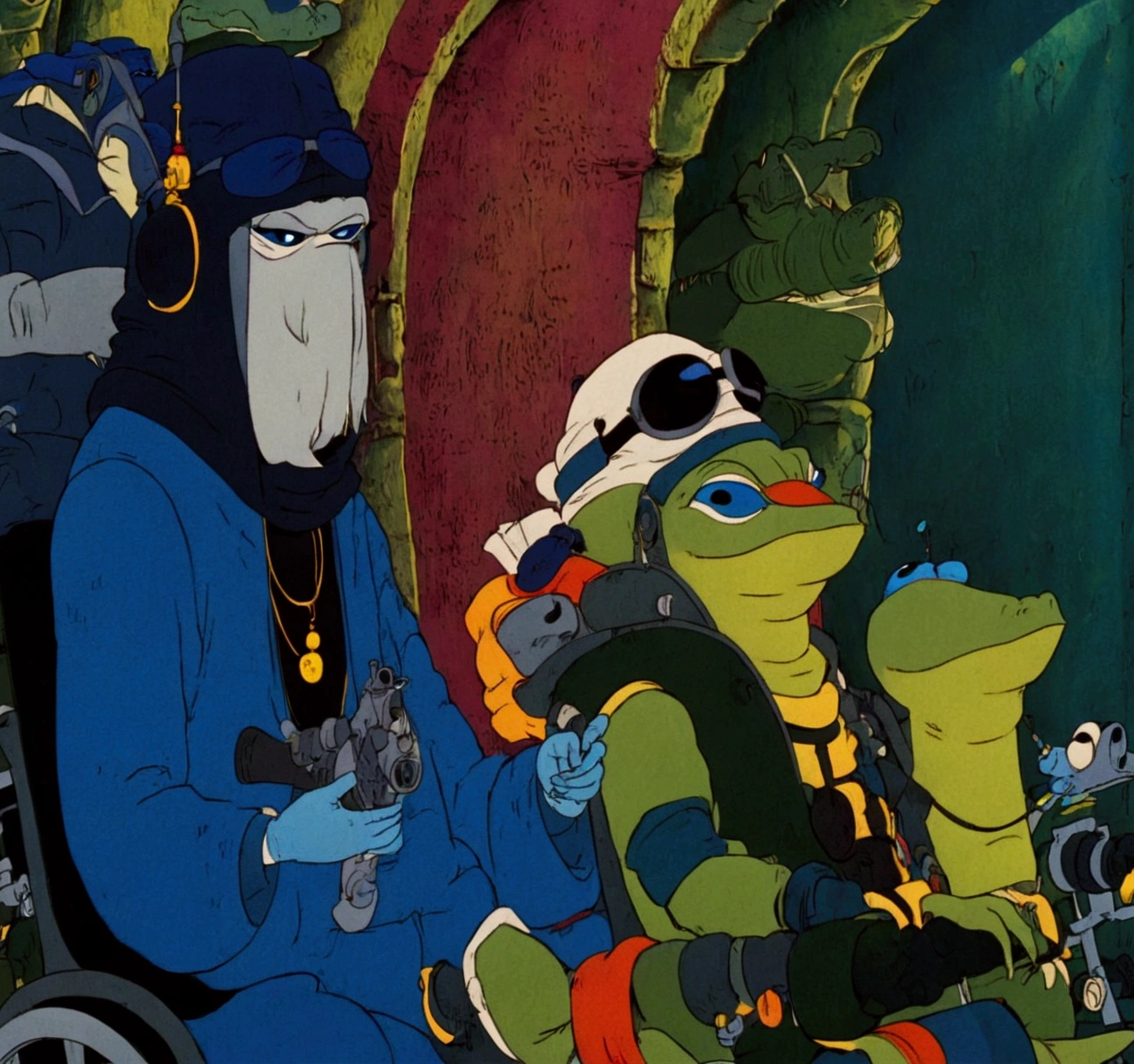 White Spike Lirchin Beetle, Circle Eye, Alligator Mouth, Fez Hat, blue tracksuit, Black scarf, by Guillaume Singlin and Kaeit VanDorn \(skchkko\), looking at viewer, sad and crying, holding Uzi Machinegun, Sitting Wheelchair