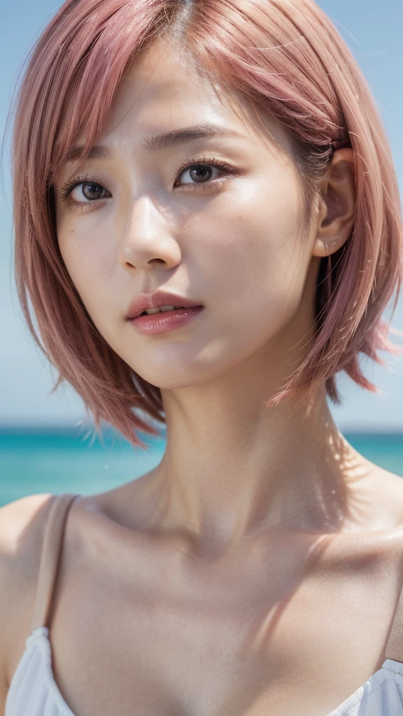 Model actress、One Woman、cool、Japanese and half European、Close-up of face、30 generation beauty、Realistic Skin、Seaside、4K images、bright pink hair、Short Hair