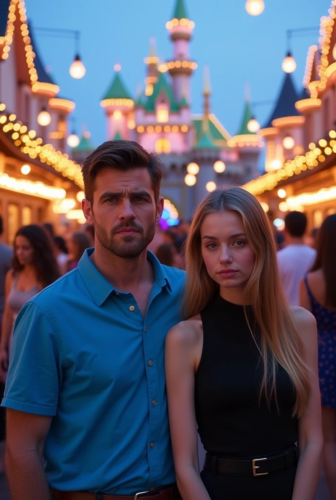 A man named Steve with blue shirt makes a sad face and girl named Emily wearing black clothes makes an angry face
At Disneyland usa