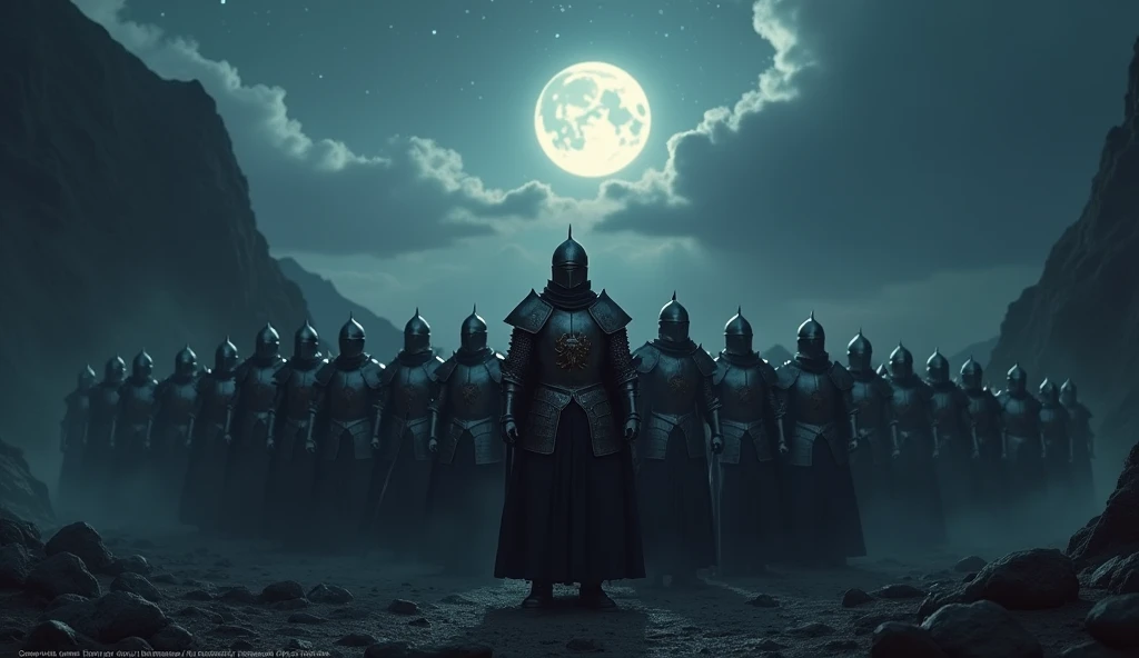 A highly realistic, high-contrast, 8K HD, detailed, hyper-detailed image of a group of knights, led by a lone knight in steel armor with a lion emblem on his chest, all facing the same direction under the cover of night. The knights stand united, their swords at the ready, as they prepare to face the challenges ahead. The dramatic landscape around them is illuminated only by the faint light of the moon and stars, with rugged terrain and ominous skies heightening the intensity of the scene. The atmosphere is tense yet filled with camaraderie and resolve, capturing the unity and unyielding spirit of the knights as they stand together in the darkness. The image is of the highest quality, with ultra-high resolution, RAW photo quality, and Unreal Engine rendering, showcasing the solidarity and strength of the knights as they face the night as one.
