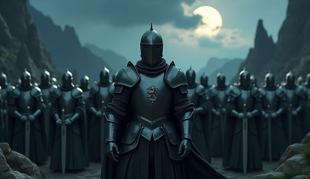 A highly realistic, high-contrast, 8K HD, detailed, hyper-detailed image of a group of knights, led by a lone knight in steel armor with a lion emblem on his chest, all facing the same direction under the cover of night. The knights stand united, their swords at the ready, as they prepare to face the challenges ahead. The dramatic landscape around them is illuminated only by the faint light of the moon and stars, with rugged terrain and ominous skies heightening the intensity of the scene. The atmosphere is tense yet filled with camaraderie and resolve, capturing the unity and unyielding spirit of the knights as they stand together in the darkness. The image is of the highest quality, with ultra-high resolution, RAW photo quality, and Unreal Engine rendering, showcasing the solidarity and strength of the knights as they face the night as one.