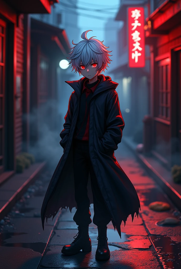 Make a age boy with white hair with red parts, Scarlet eyes, standing with a sinister and terrifying aura.
anime styling