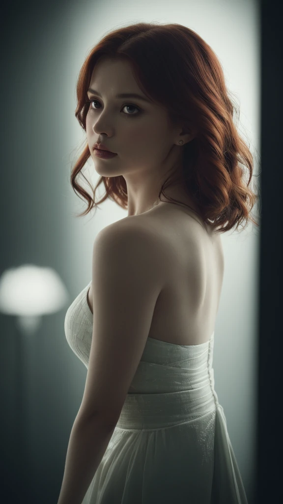 1woman,in the dark,award winning photo,(green tint:0.5),looking to the side,redhead,(best quality,4k,8k,highres,masterpiece:1.2),ultra-detailed,(realistic,photorealistic,photo-realistic:1.37),dramatic lighting,cinematic composition,dramatic shadows,moody atmosphere,natural lighting,intricate details,highly detailed face,beautiful eyes,delicate features,elegant pose,contemplative expression