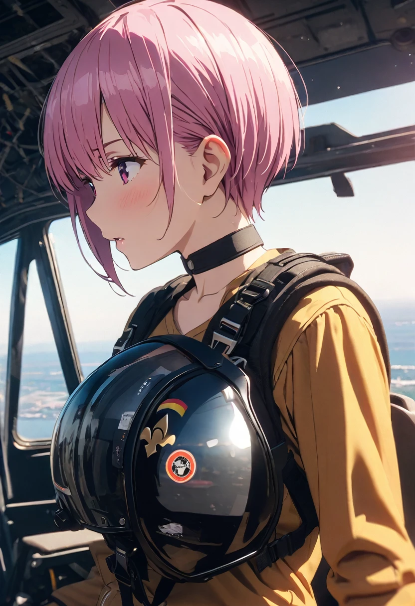 (Highest quality, 4K, 8k, High resolution, masterpiece:1.2), Very detailed, Picturesque, Anime style photo, Photo Anime:1.37)、Japanese、(Pink hair)、(pixie cut)、F-18の横にStanding on the deck of an aircraft carrier、Black choker、fighter pilot suit、(((She has a Pilot Flight Helmet with a single fleur-de-lis on it))).、Panoramic view、Nakano Ichika