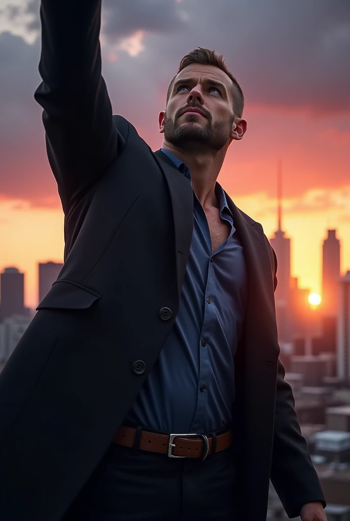CREATE A MUSCULAR WHITE MAN RAISING HIS ARM FORWARD AND UPWARD, wearing a black overcoat 