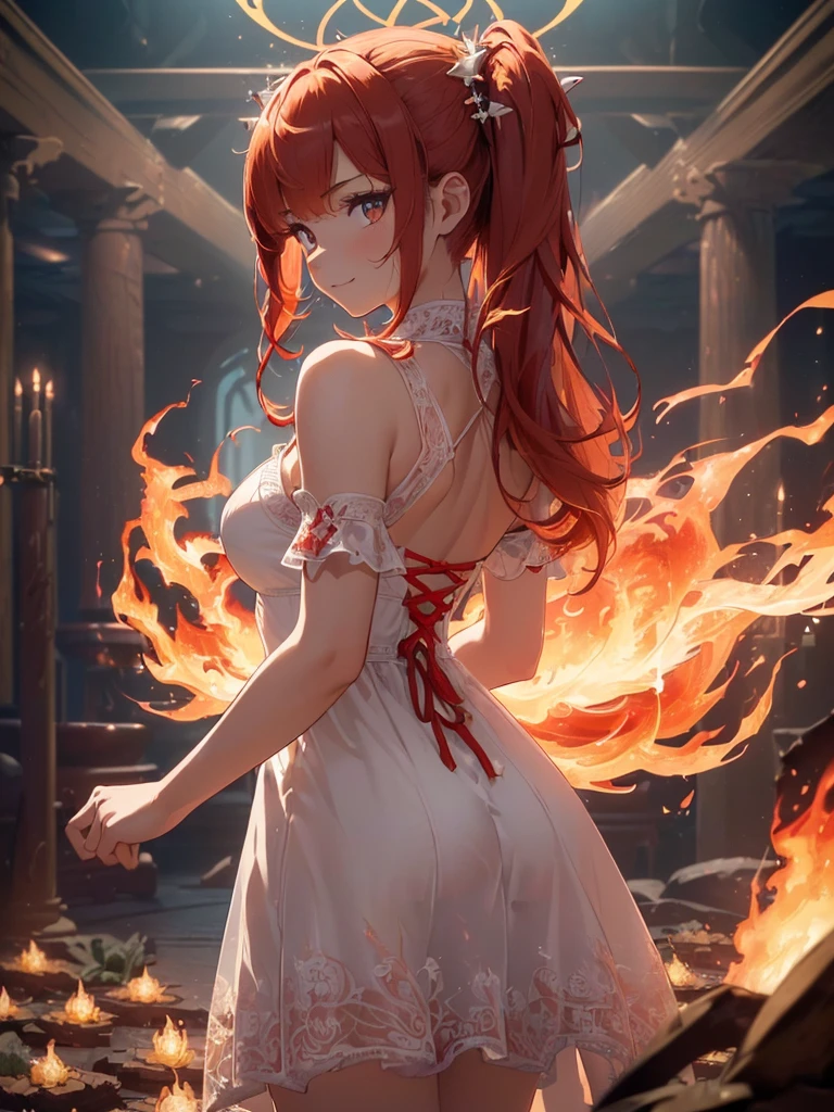 (((best quality, sharp image, clear image, cinematic lighting, 8k resolution, masterpiece, ultra detailed, intricate))) Girl, (((looking over left shoulder))), (shot from behind), ((half shot)), fiery red hair, pigtails, ((white dress)), ((flaming sigils, flaming runes)), spiky rock formations, (flaming lotus flowers frame), (intricate background), ((Phoenix)), (swirling flames), smiling