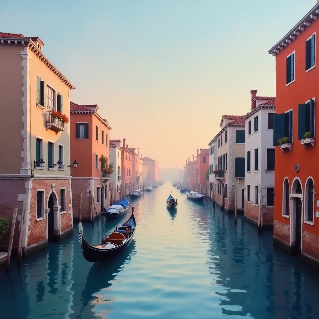 
(best quality, 8K, high resolution, masterpiece), ultra detailed, oil painting of a quiet Venetian canal at dawn, with gondolas gently floating on the water, reflecting the soft pastel hues of the early morning sky.