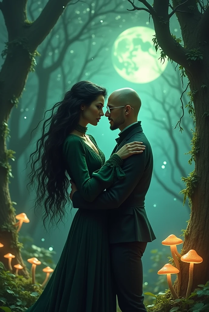 A witch holding a bald short man in her arms