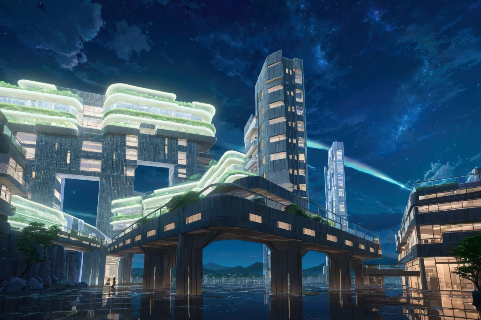 A highly detailed anime- Architecture, Ghibli studio style, masterpiece, official art, professional, ((ultra-detailed)), 8k, , city where everything is made of concrete, reflective surfaces and mirrors, creating infinite reflections and a sense of endless space. The architecture is abstract and futuristic, with floating buildings and pathways made of light. The sky is a shifting blend of colors, with auroras and shimmering lights creating an ethereal atmosphere. The city is inhabited by ethereal beings who navigate the mirrored landscape with grace and fluidity