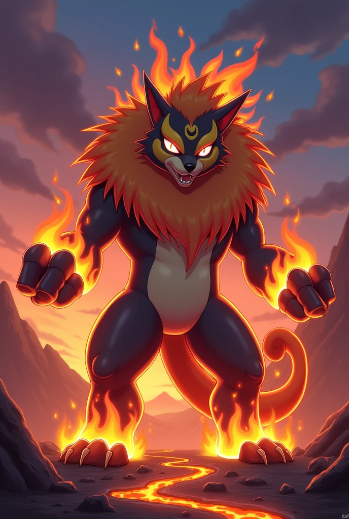 "Design the final evolution of a Pokémon based on a honey badger. This stage shows an imposing Pokémon, His body has grown even more, with a more robust appearance. The flames on its tail, mane and forearms have intensified, merging with metallic details that form naturally on your skin. The flames are now a deep red with shades of gold., reflecting its maximum power. The eyes of this Pokémon are large and bright red with the intensity. A characteristic feature is a mark in the form of a rune or ancient symbol on their forehead or chest., with a thick mane around its neck and chest, its posture is majestic, representing the culmination of its growth as a Fire-type Pokémon/metal. The overall appearance should convey power"
**Image size:** 1024x1024