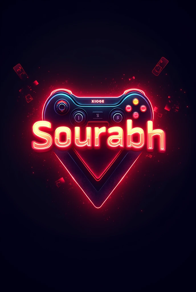 Create a logo with gfx graphics a gaming type logo with sourabh name mentioned in it with colour neon red use a professional type design use super graphics 
Use gaming theme in background