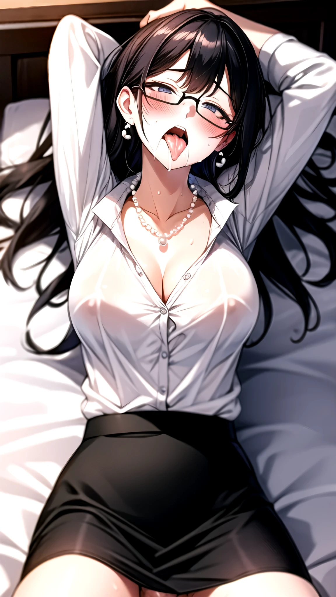 （（super high quality,Ultra-high resolution,4K,8k,super masterpiece,Ultra HD ,Detailed shading））,Full body photo,Angle from a high ceiling,Lying in bed,A seductive mother,popped collar White shirts,Tight collar,Long sleeve,BLACK Pencil Skirt,Black Hair,Penis insertion,Sex,Glasses,Place your hands behind your head,足を広げてSex,Ahegao,blush,Sweaty,semen,Drooling,Pearl Earrings,Pearl Necklace,