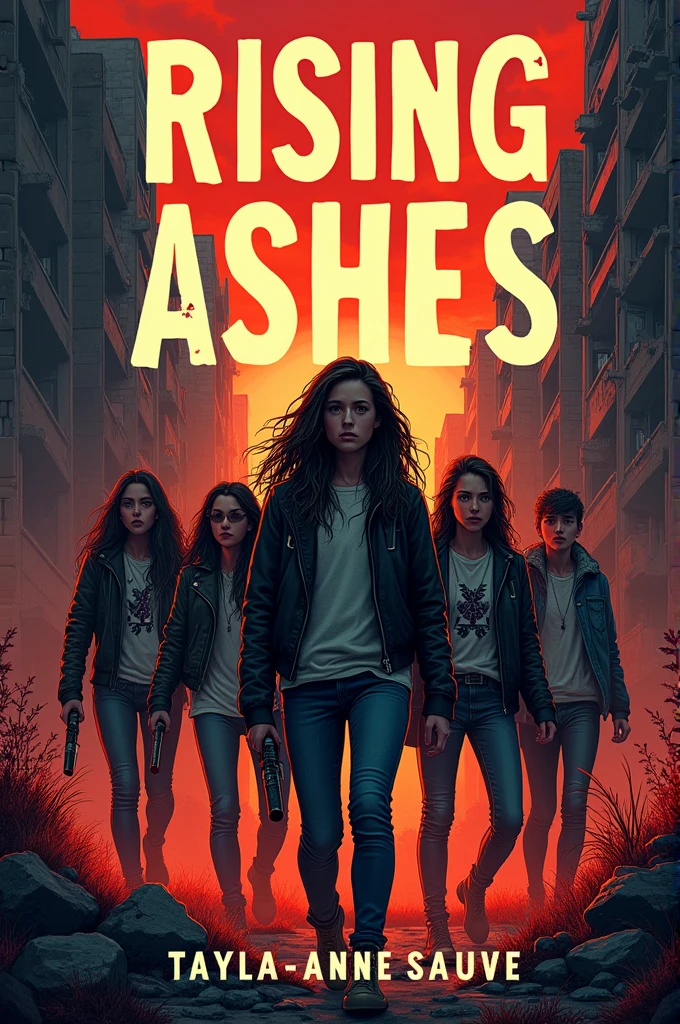 Create a book cover called Rising Ashes By Tayla-Anne Sauve that’s about a bunch of teenagers trying to survive a zombie apocalypse