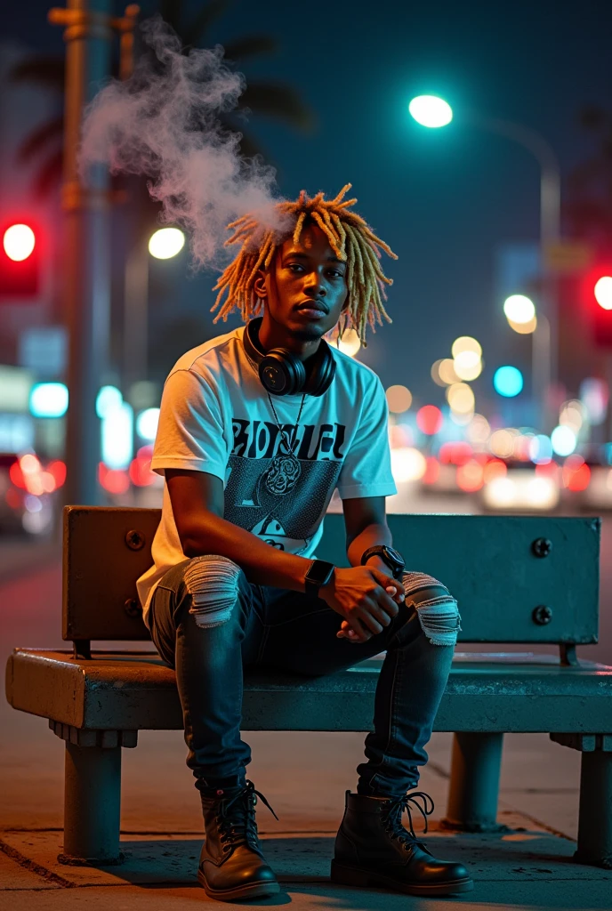 Young man as a rockers(golden dreadlock hair) is smoking(blowing the smokes), wearing white printing t-shirts and tight scars jeans, sitting on the shelter near the traffic lights and marks, neon loghts headphones on his neck, wearing smartwatch, boots, lot of cars in the streets