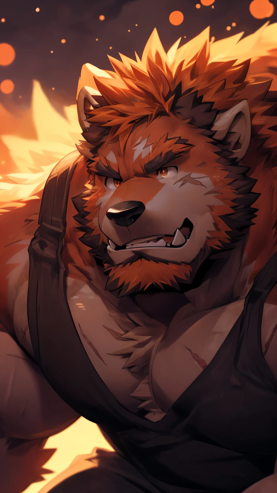 human nature, wild animals, male,36 years old，uncle， solitary, ((Round Face, The face is plump,Orange Eyes,Thick Orange Hair，Scars)), ((Endomorph, Handsome，Hot Blood)), （Mecha suit，no electricity，exhausted), ((domestic 狼, Wolf Orc，) Fluffy fur, Fluffy), Bokeh, (high quality, high resolution, masterpiece), (Dynamic Lighting, Vibrant colors), (Revitalize，harm，Contempt), Full body pictures (close up), cartoon, author：Takemoto Arashi, From Zixiong, author：Chunni, author：Ethereal，（background：Rainforest）