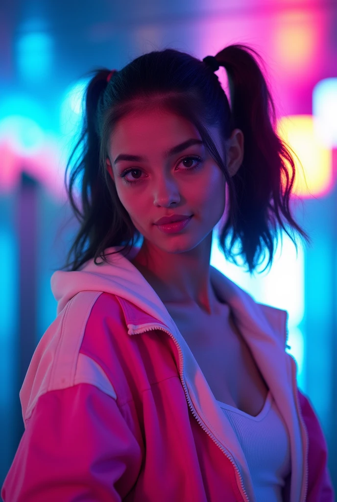 A girl is weraing a pink and white jacket named as 'Dilmi'. She is in a neon blackground. She has a medium size ponytail. She is pretty.