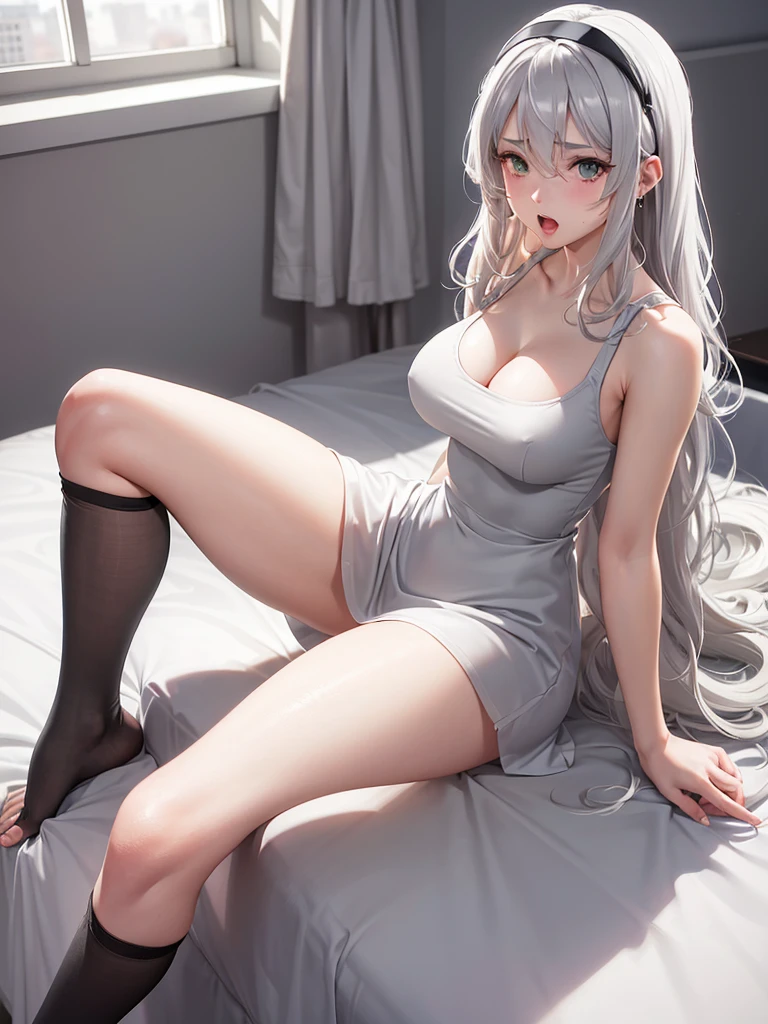 1Girl, Solo, Anime, Attractive body, nice body, nice legs, tights, nice arms, nice shoulders. (Cleavage, Medium Breast:1.2). Beautiful, Gorgeous, Fresh, Young, Blunt Bangs.(White Grey Hair:1.5), (Straight and Wavy Long Hair:1.3), Casual Shirt, (Sitting on bed:1.3). Earrings, Thin Black Headband, Green Accessories, Environmental Details, Bed Room, Natural Light, Modern Bed, Chair, Window, White Curtain, City View. Top view. pov, anime style, UHD, retina, masterpiece, accurate, anatomically correct, textured skin. High Resolution, Looking at viewer, Blush, Open Mouth, Best Quality, Award Winning, Accurate, Embarrassed, moaning, sweating,Naughty Face, Naughty, Gradient Eye Color.