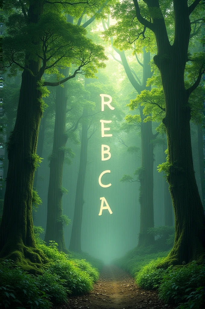 Make a photorealistic image of a forest on a rainy day in the sky you will read a name "REBECA"