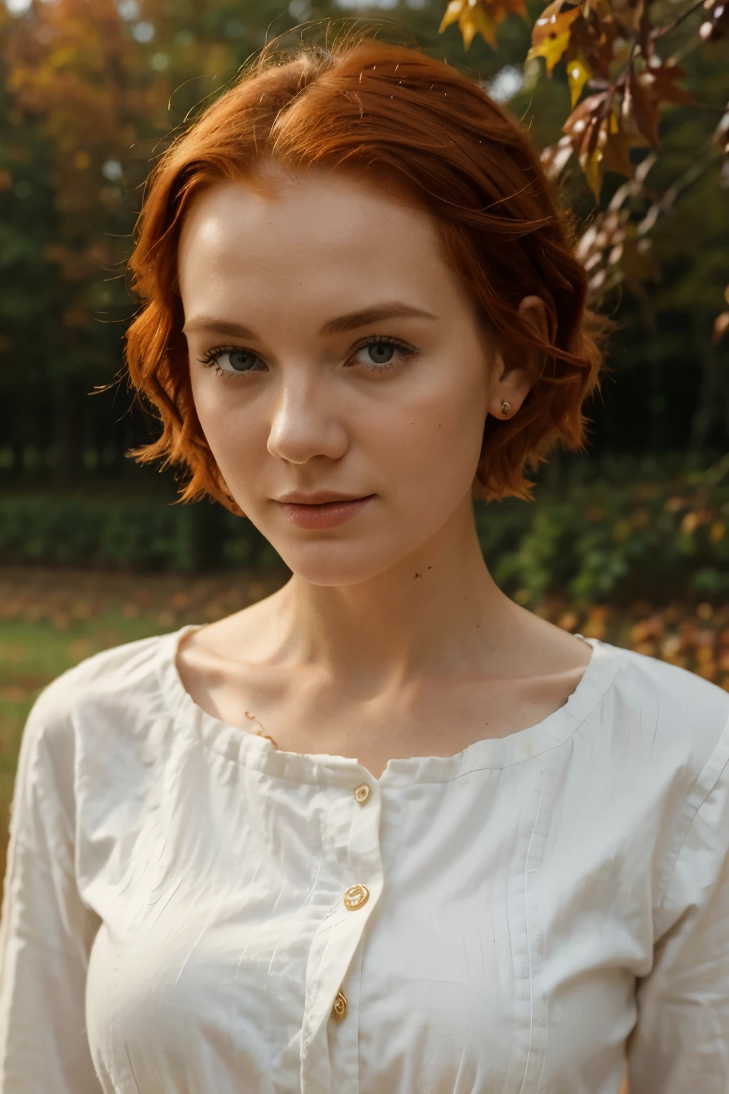 European peasant woman, redhead, medium short hair, 1930s, autumn-winter, Forehead