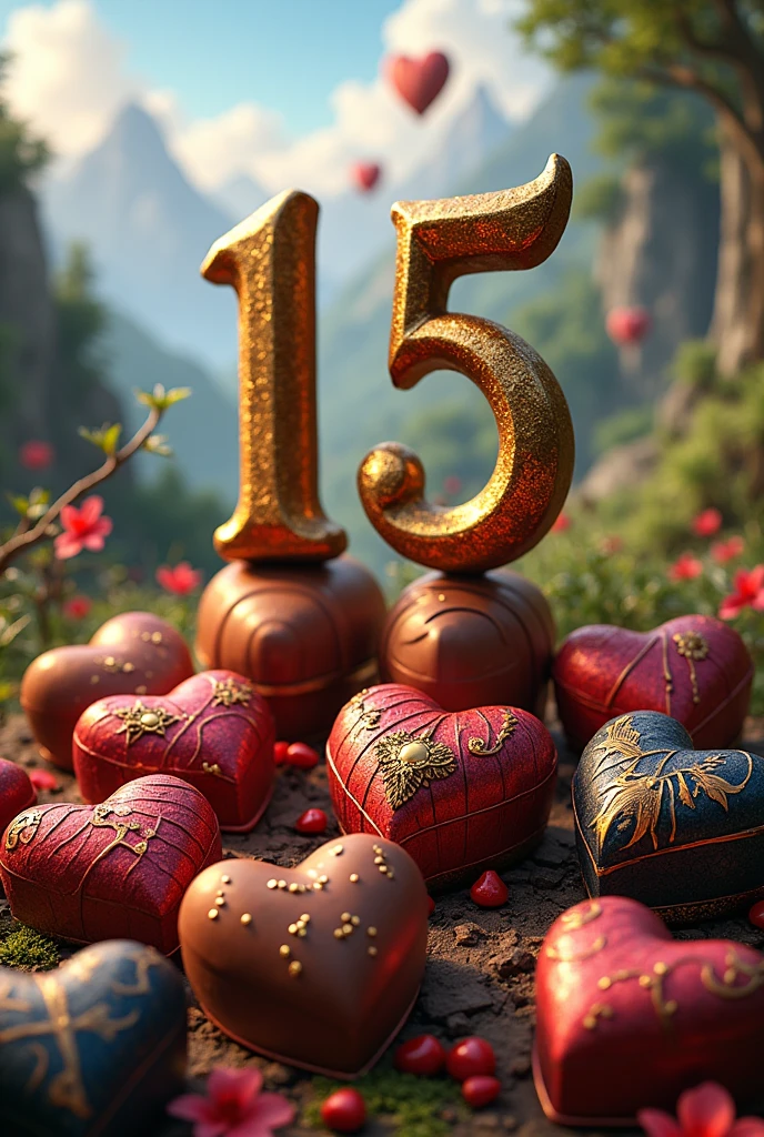 Make an image with a love and Warcraft theme that has the text: "15" in Spanish. That they look like heart-shaped boxes of chocolates, custody, keg of beer, letters and weapons/ hachas that represent World of Warcraft