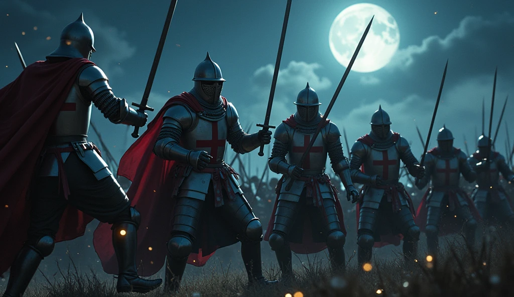 A highly realistic, high-contrast, 8K HD, detailed, hyper-detailed image of Crusader knights engaged in fierce combat on the battlefield at night, wielding their swords with skill and determination. The knights, clad in steel armor with red crosses painted on their chests, battle against their enemies under the cover of darkness. The moonlight and faint glimmers of starlight cast an eerie glow over the scene, reflecting off their armor as they clash in the midst of combat. The atmosphere is intense and filled with the tension of battle, capturing the raw power and courage of the Crusaders as they fight valiantly in the night. The image is of the highest quality, with ultra-high resolution, RAW photo quality, and Unreal Engine rendering, showcasing the heroic and relentless spirit of the Crusader knights as they battle under the night sky.