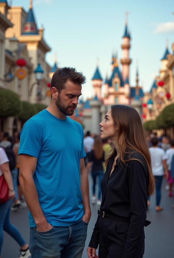 A man named Steve with blue shirt makes a sad face and girl named Emily wearing black clothes is yelling at him
At Disneyland usa