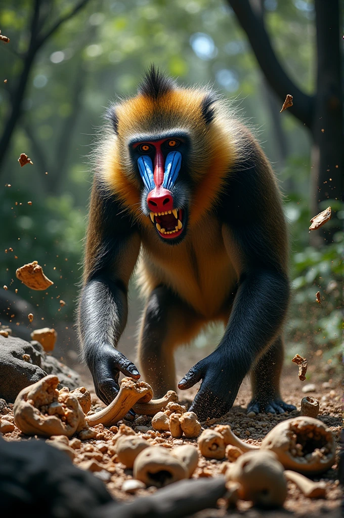 Angry mandrill Is smashing Bones