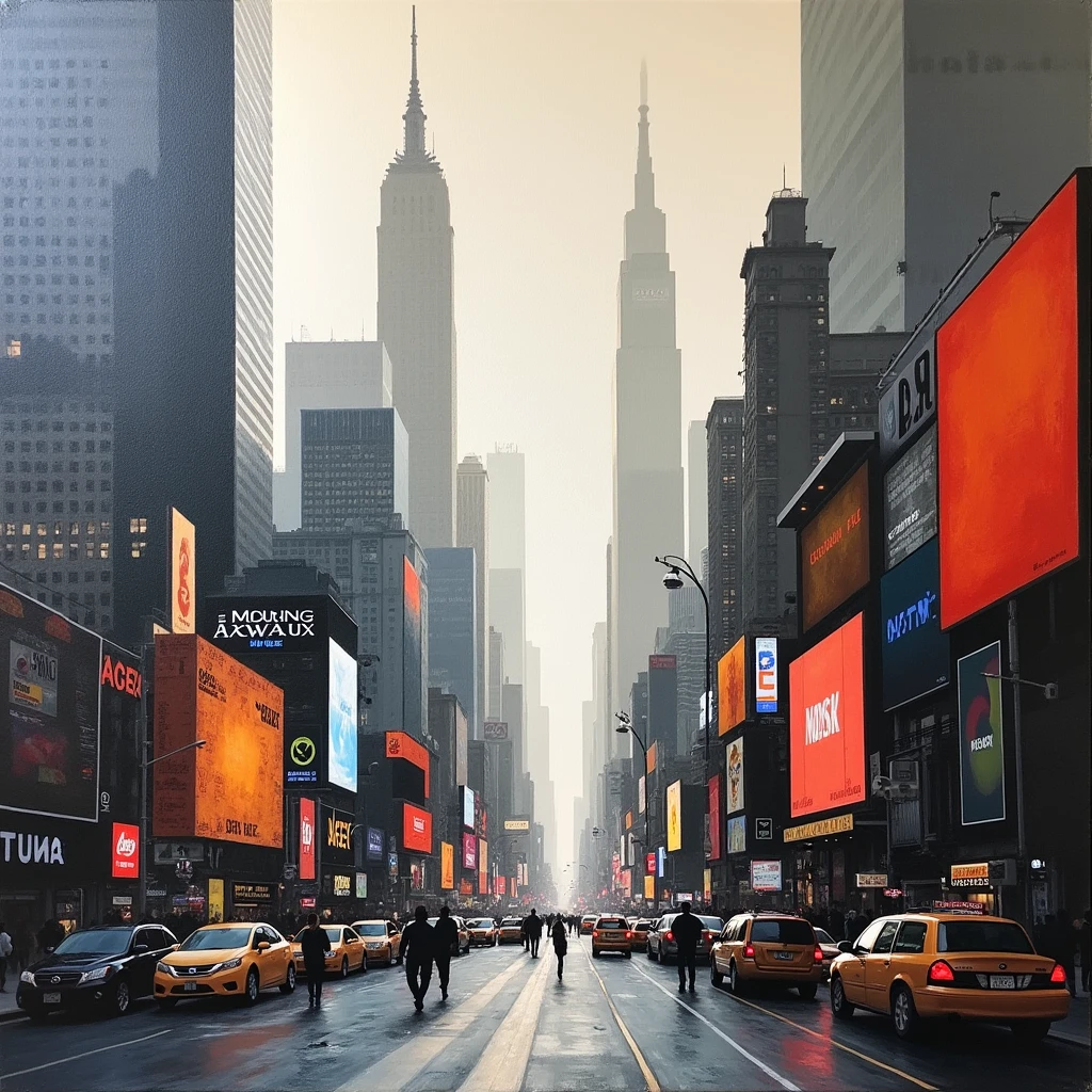 
(best quality, 8K, high resolution, masterpiece), ultra detailed, oil painting of an abstract urban landscape, with towering skyscrapers and bustling streets depicted in bold, geometric shapes and a muted color palette.